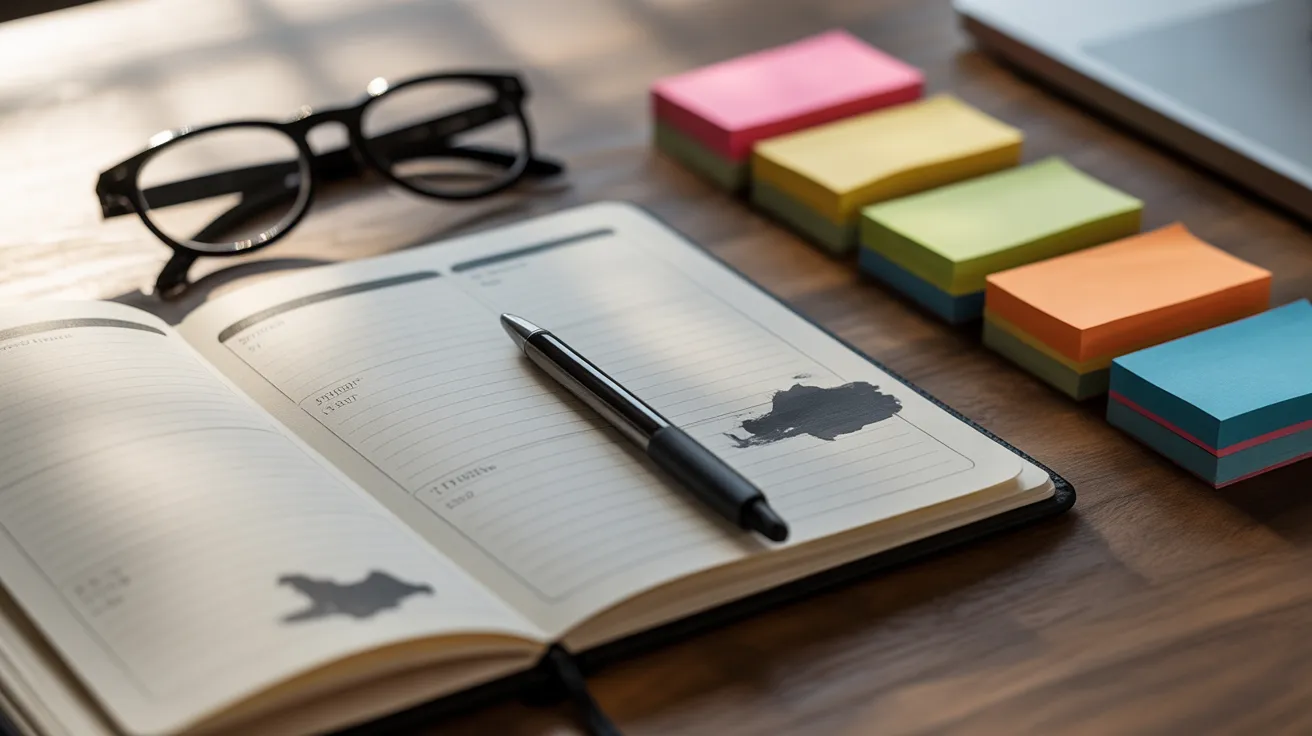 A planner with non-legible markings and stacks of colorful sticky notes on a desk, suggesting a focused project planning session.
