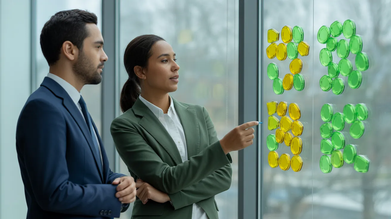 Two colleagues in a bright office collaborate in front of a glass board featuring a color-coded project plan made of abstract shapes.