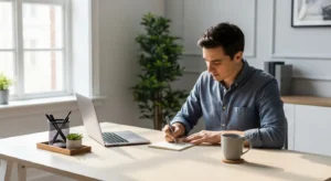 A person sits at a sunlit, tidy desk, writing in a small notebook instead of using the closed laptop next to them.