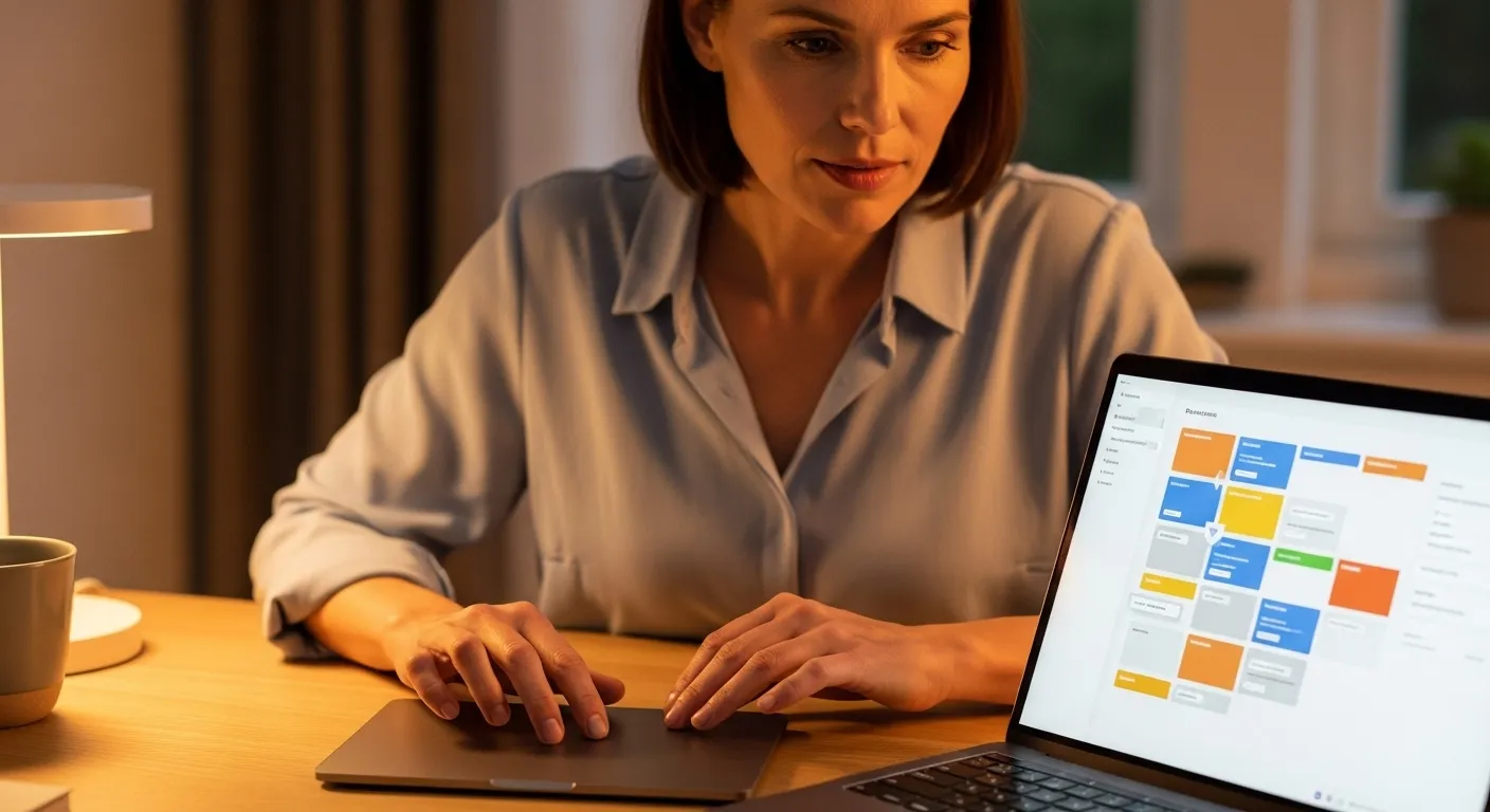 A woman sits at a desk in the evening, concentrating on a project management application on her laptop screen.
