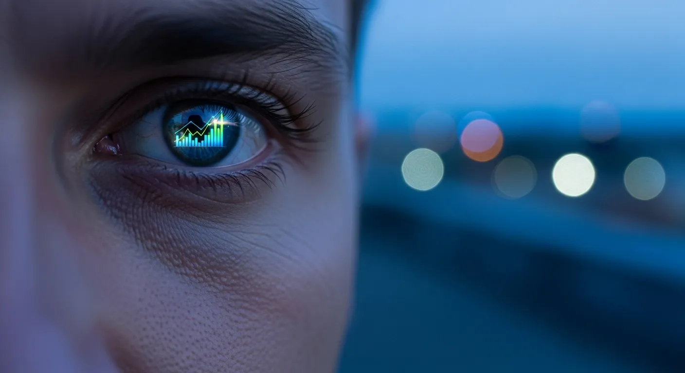Extreme close-up of a person's eye reflecting an abstract data chart on a screen at dusk.