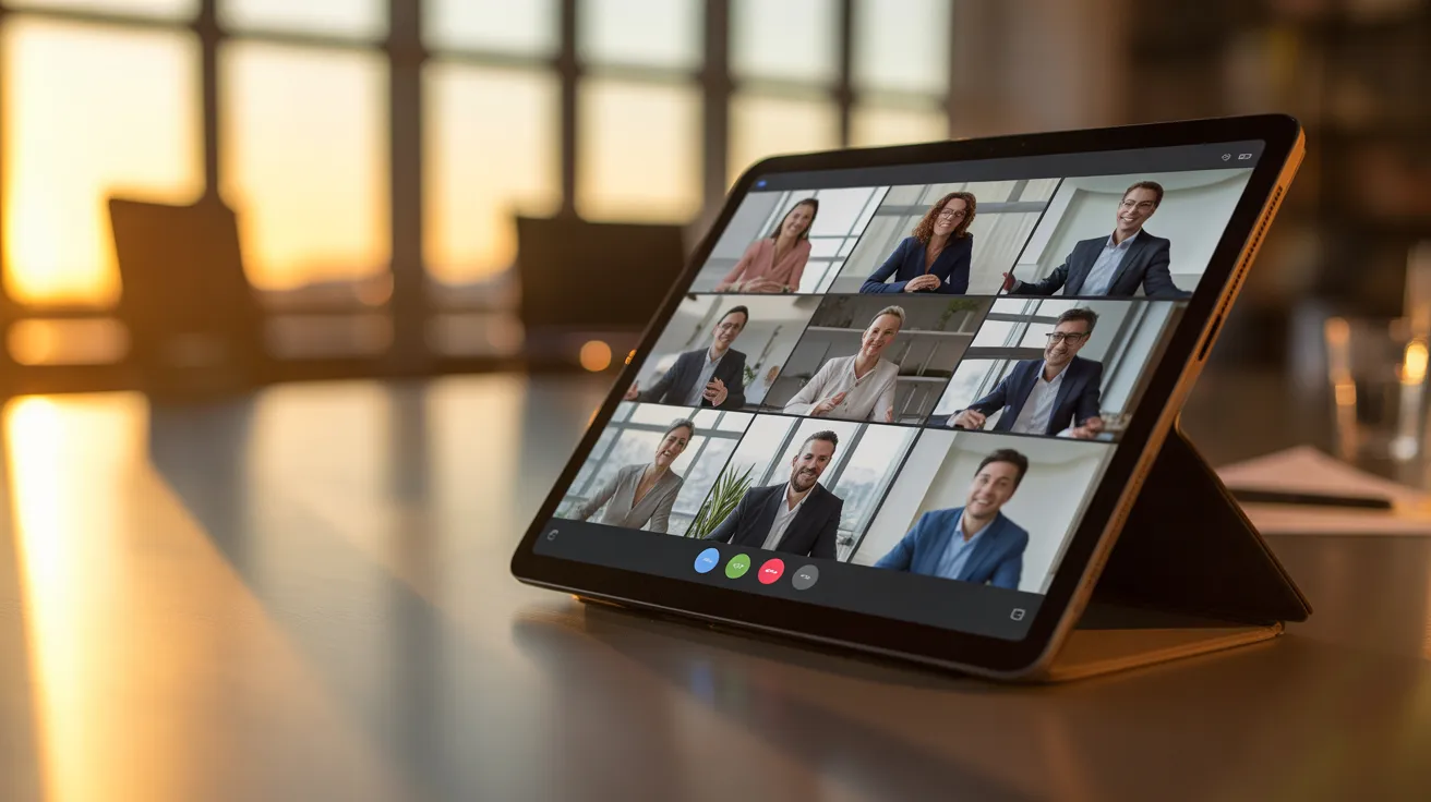 A tablet on a meeting table shows a video call with a diverse team. The scene is lit by the warm, low light of a sunset.