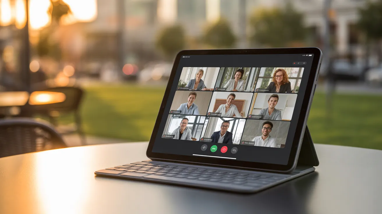 A tablet on an outdoor table shows a video meeting, with the warm light of golden hour reflecting on the screen.