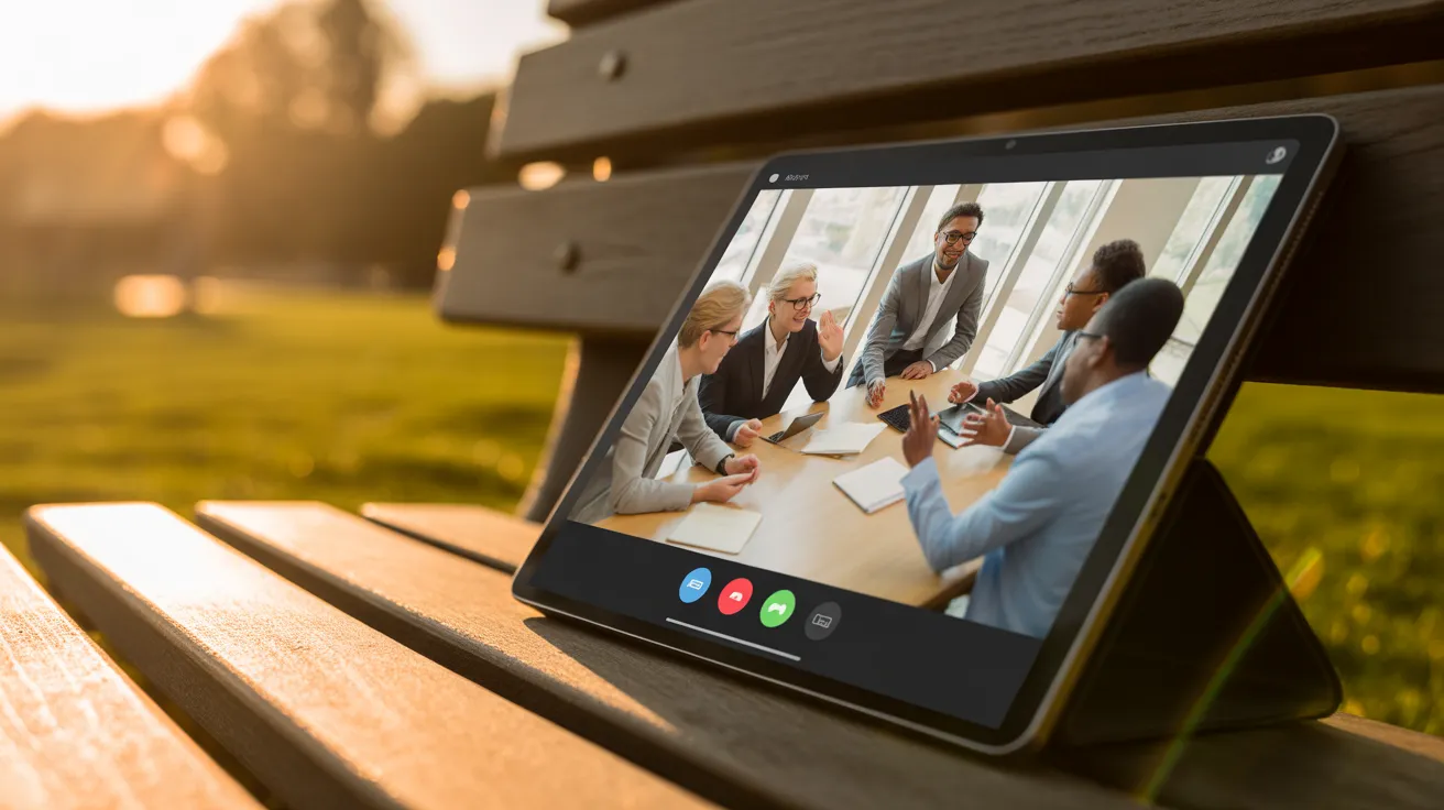A tablet on a park bench at sunset shows a video call with a diverse team of professionals in a meeting.