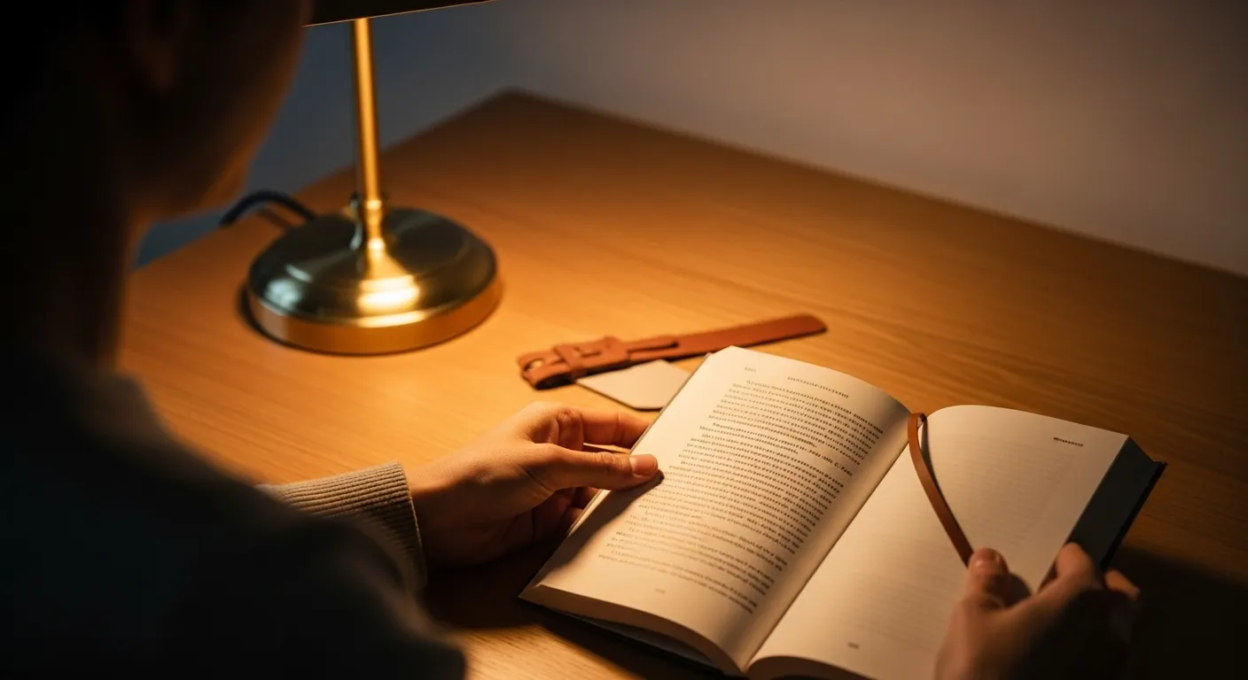 A close-up of a person holding a book open to a single page under the warm light of a desk lamp at night, with a bookmark nearby.
