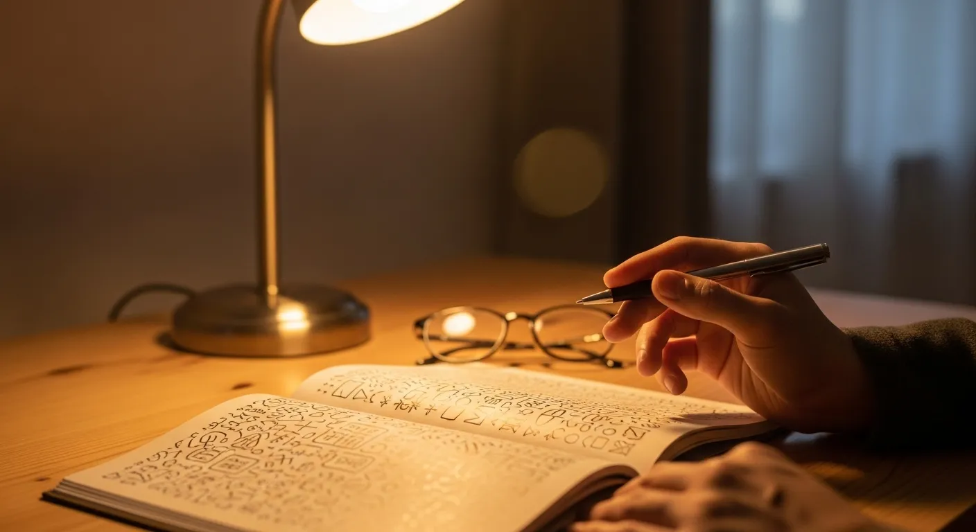 An open planner and a person's hand holding a pen on a desk, lit by a warm lamp, suggesting thoughtful planning.
