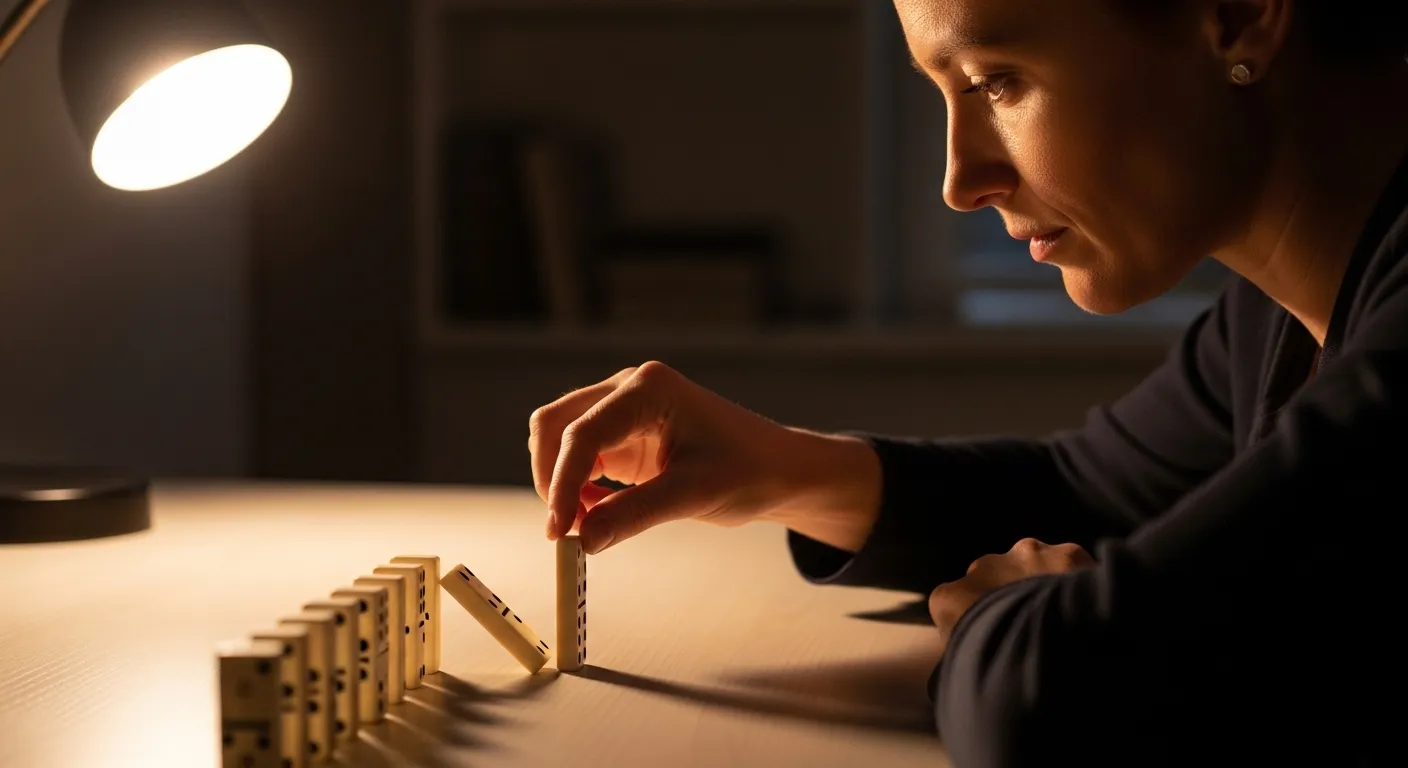 A person at a desk lit by a warm lamp carefully rearranges a line of dominoes to bypass one that has already fallen over.