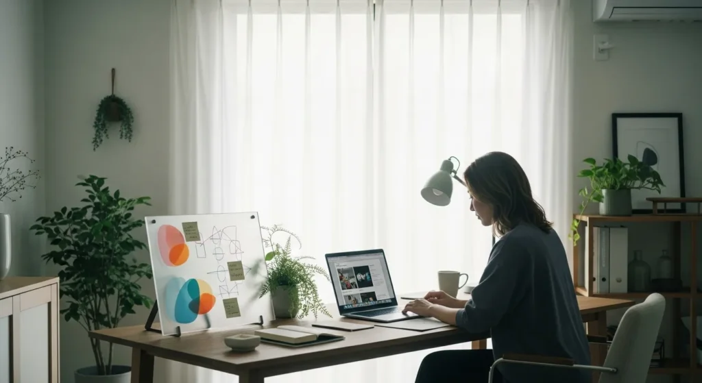 A woman works at an organized desk in a sunlit home office, with a laptop and a small whiteboard for capturing ideas.