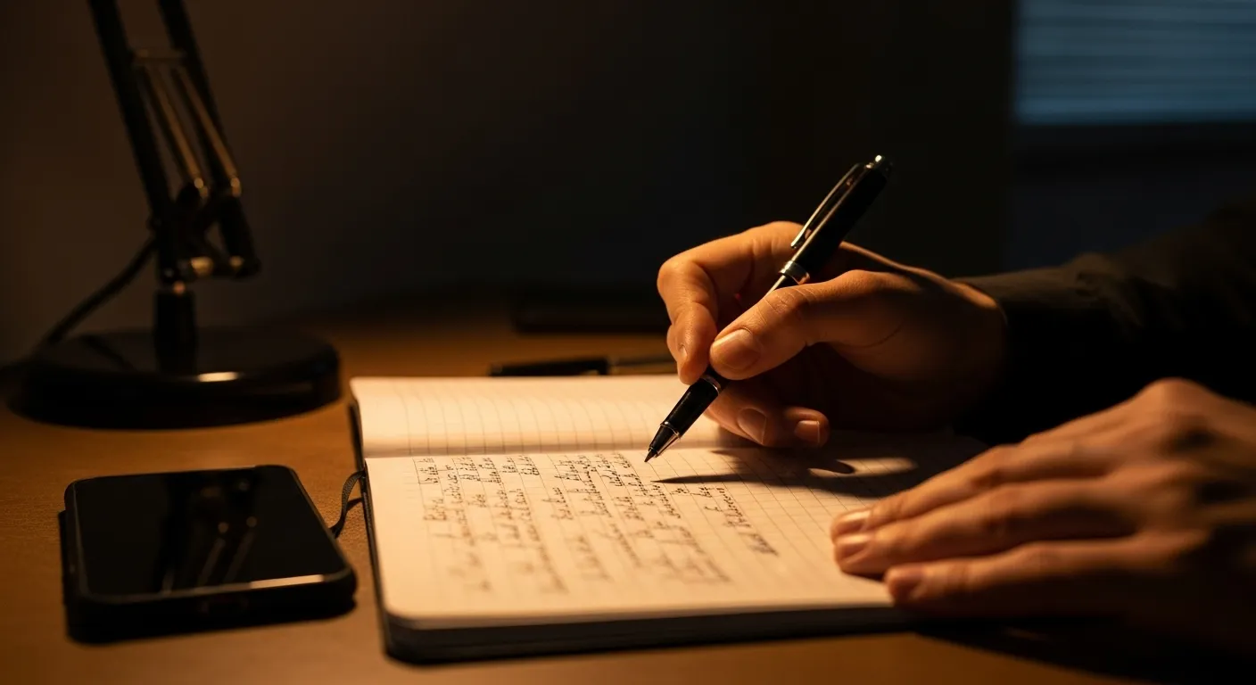 A person's hands hold a pen above a gridded journal on a desk under warm lamplight, with a smartphone placed face down nearby.
