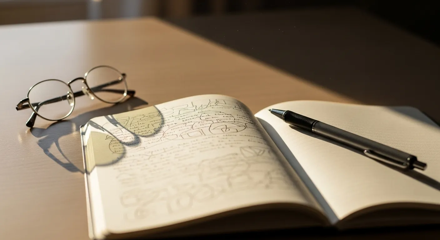 An open notebook with a pen and reading glasses rests on a desk in soft daylight, suggesting a moment of quiet reflection.