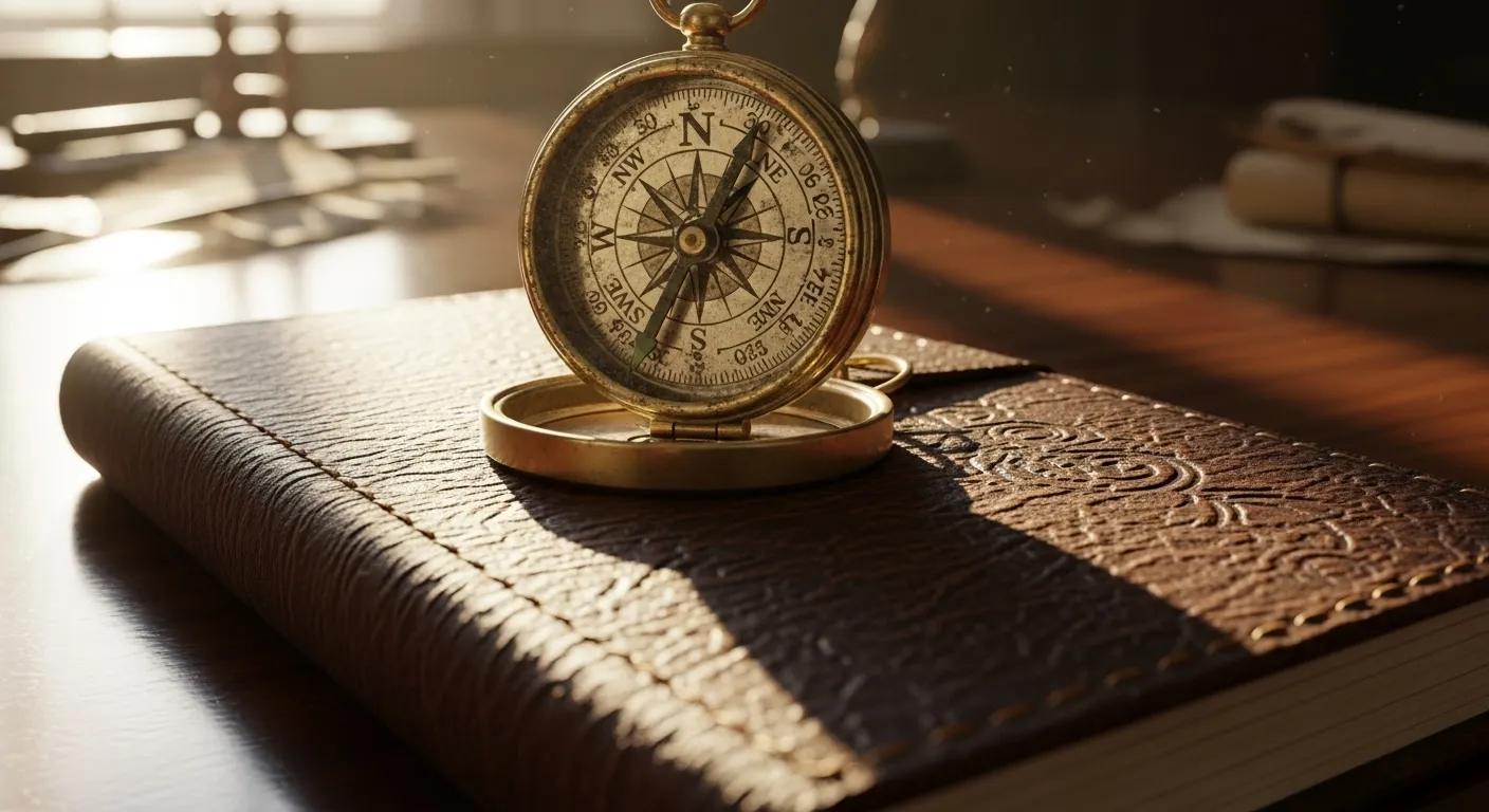 A brass compass lies on a closed notebook on a wooden desk, symbolizing direction and purpose in goal setting.