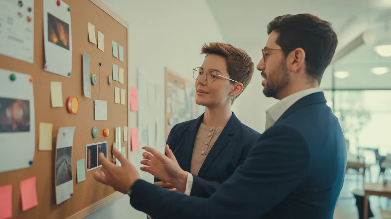 Two colleagues stand at a large corkboard in a modern office, discussing a visual plan made of neutral images and colorful notes.