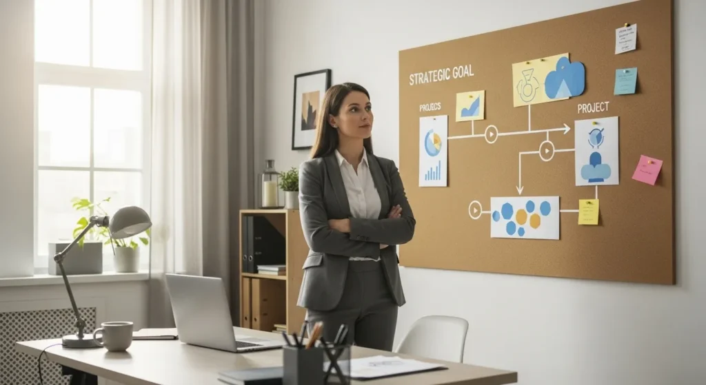A woman stands at her desk in a sunlit office, looking at a large corkboard filled with a non-textual strategic plan.