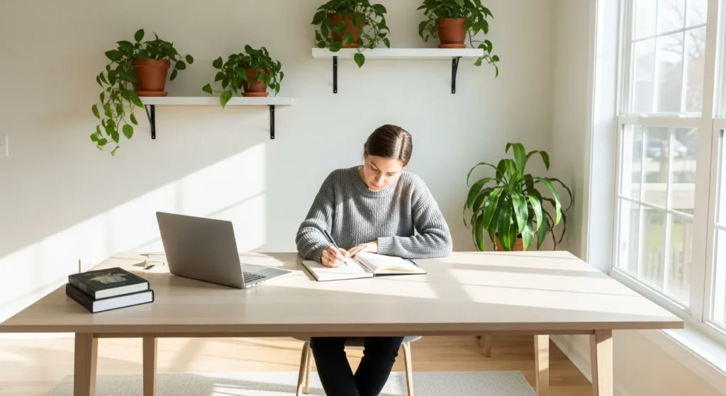 A professional sits at a sunlit desk in a tidy home office, writing in a notebook instead of using the closed laptop beside them.