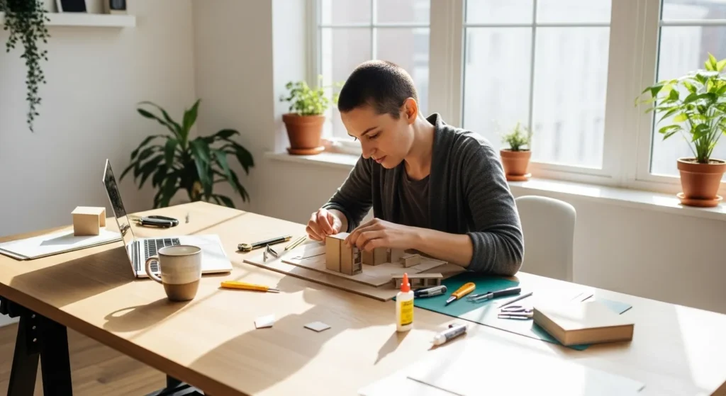 A person at a large, clean desk in a room filled with daylight, focused on building a small model. A closed laptop sits unused nearby.