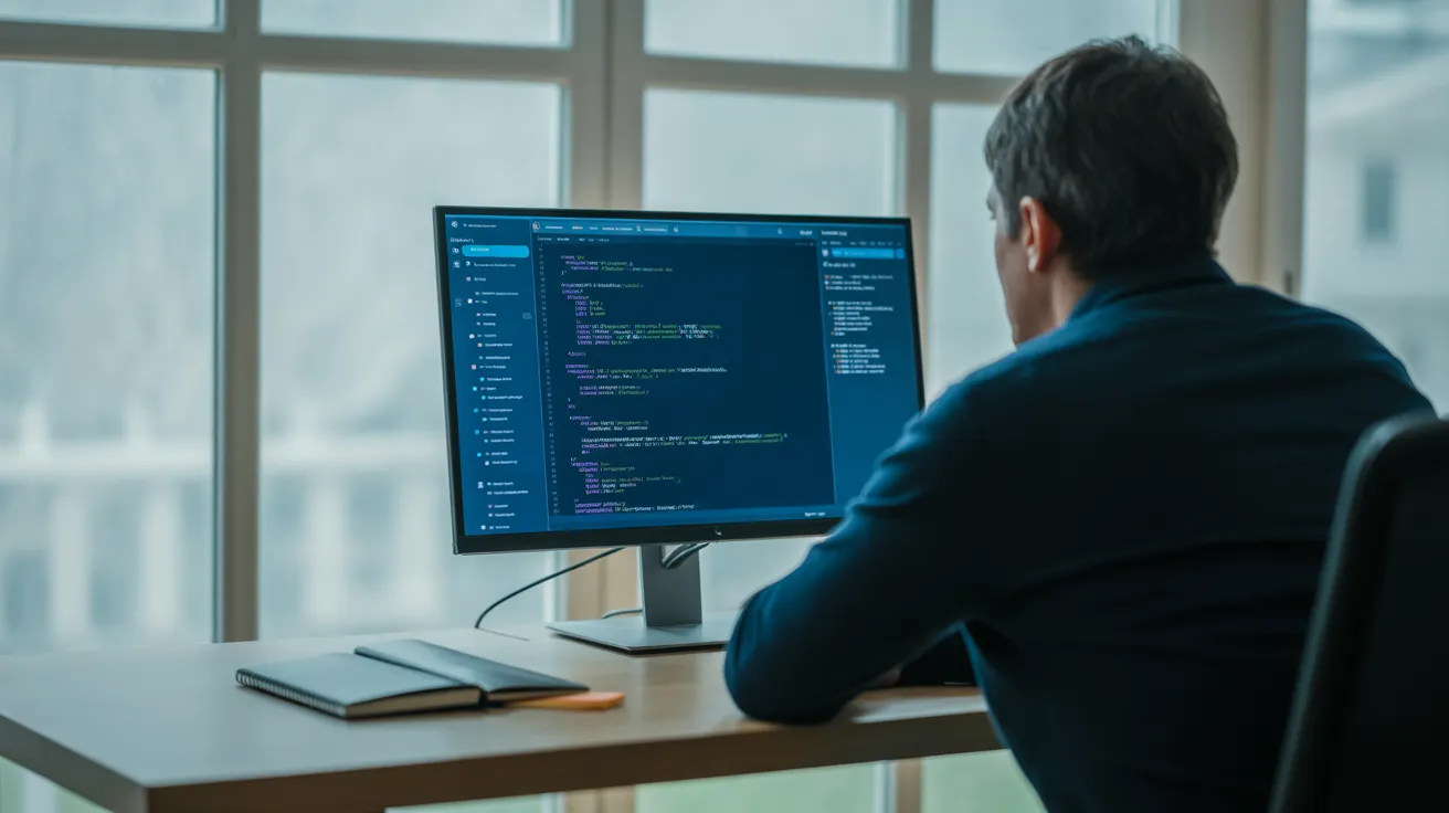 A person works with intense focus on a single computer task at a tidy desk in a sunlit home office, seen from a distance.