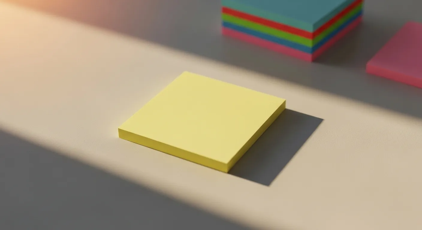 A single blank yellow sticky note is isolated on a clean desk, with a colorful stack of other notes blurred in the background.