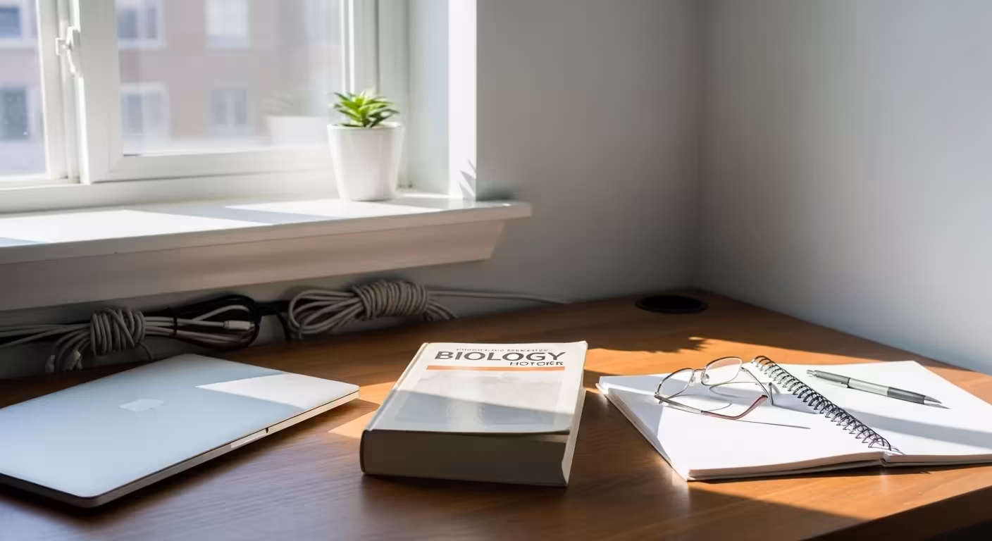 An organized desk with a laptop, book, notebook, and reading glasses next to a window with bright natural light.