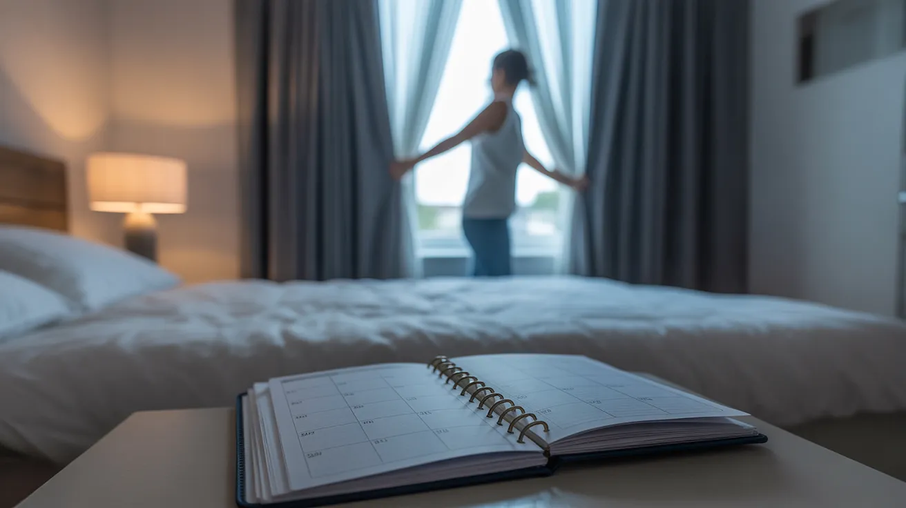 A person stands by a window in a sunlit bedroom, closing blackout curtains. A planner is visible on the nightstand.