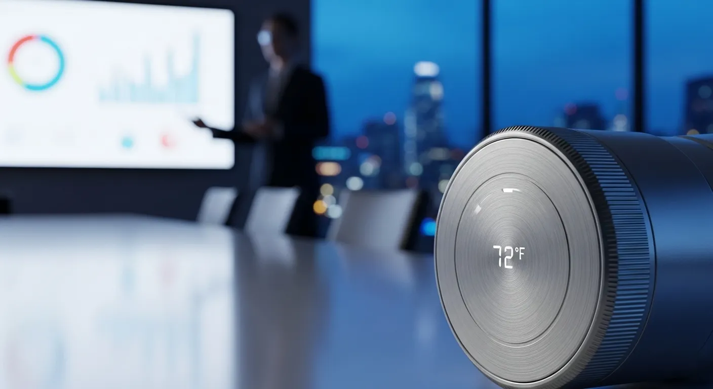 A close-up of a modern smart thermostat dial, with a person presenting in a corporate meeting room visible in the blurred background at dusk.