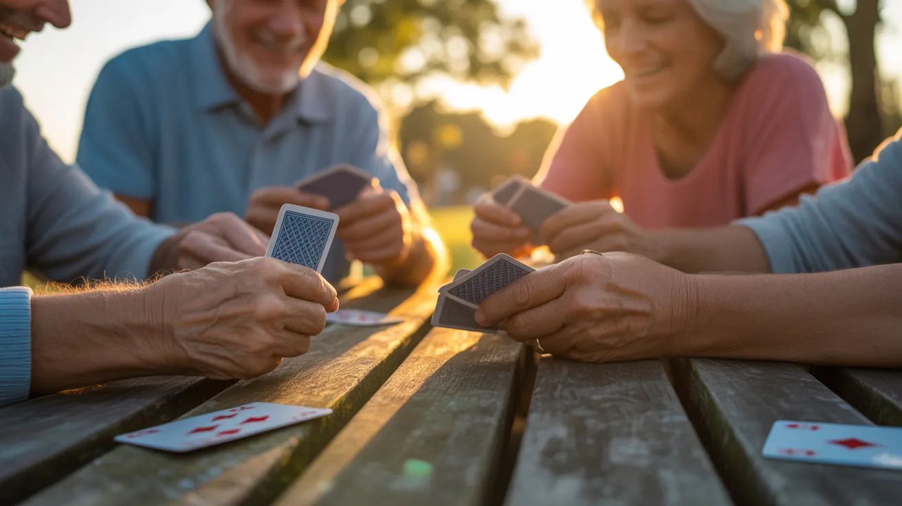 A close-up of several older adults' hands holding playing cards over a wooden table outdoors during a warm sunset.