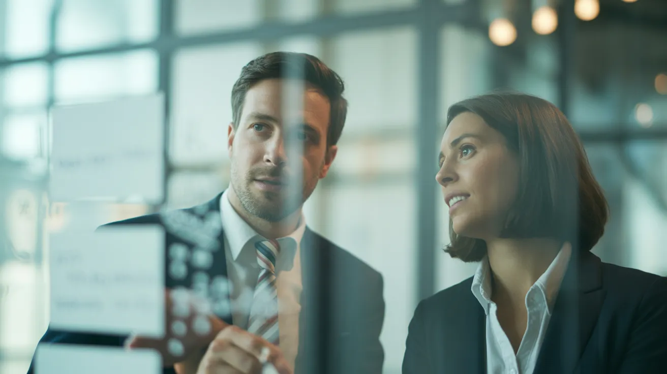 Two diverse colleagues in a bright office stand by a whiteboard, engaged in a discussion about an abstract diagram before starting their work day.