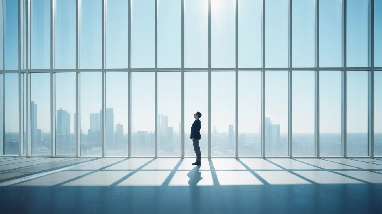 A person stands in a sunlit modern office, looking out a large window at a city skyline during a break.