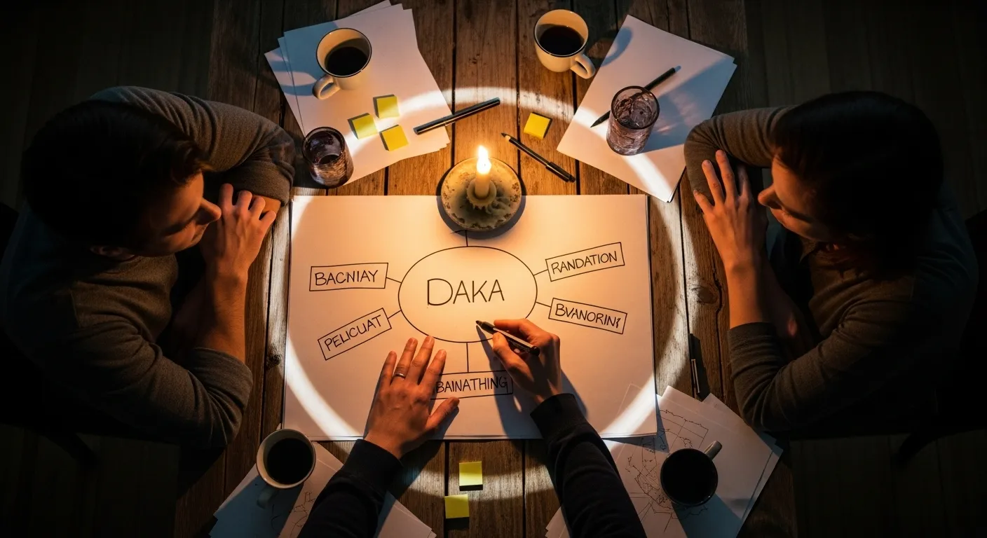 An overhead view of a diverse small team brainstorming around a large paper under candlelight, with one person starting a mind map.