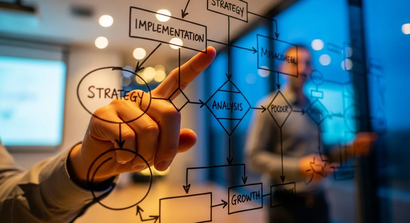 Close-up of a hand gesturing towards a diagram on a whiteboard in a dimly lit office, with the presenter visible in the background.