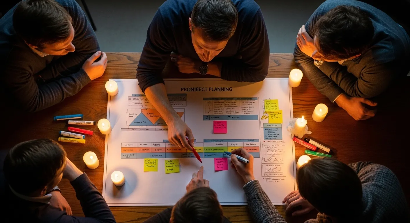 Top-down view of a team's hands working on a large project document on a dark table, with the scene lit only by warm candlelight.