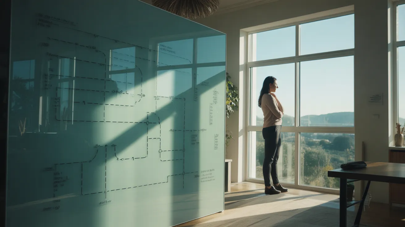 A woman in her 30s takes a reflective break, looking out a sunlit window in a home office with a large planning whiteboard on the wall.