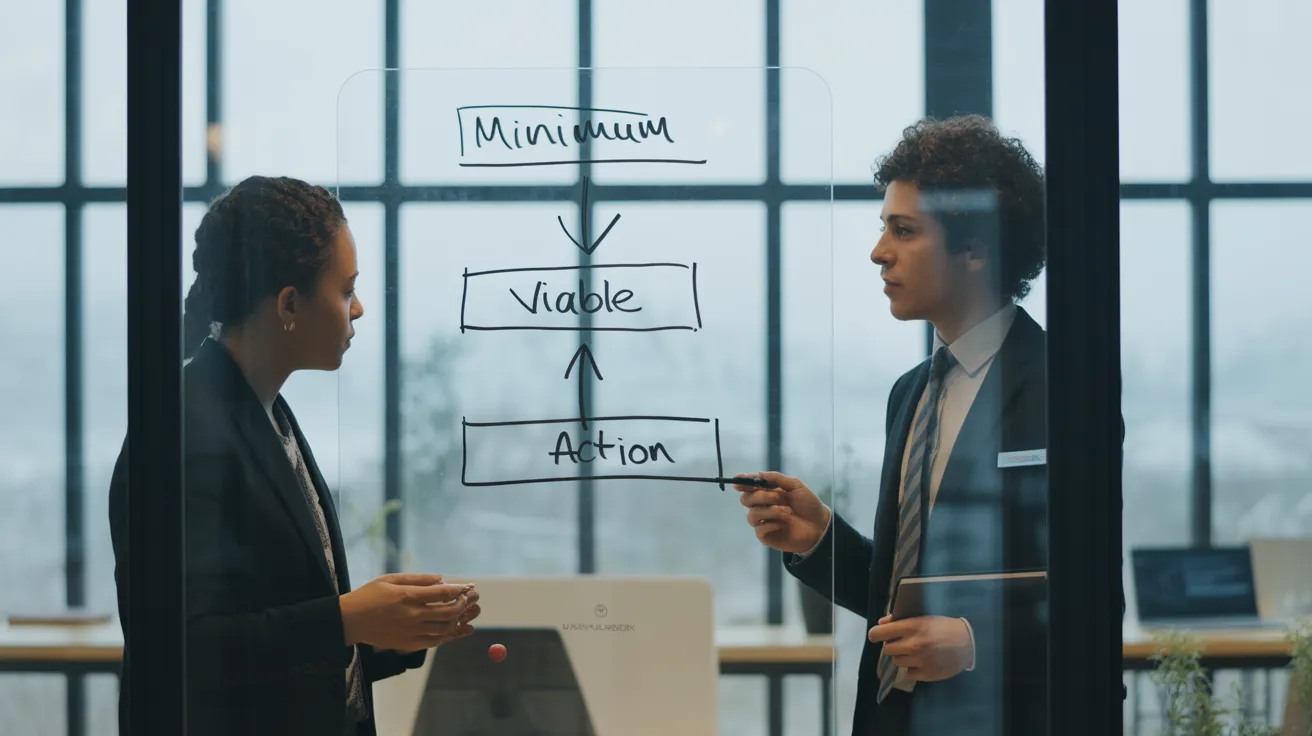 A man and woman in a bright office look at a whiteboard containing a simple diagram showing only the first step of a process.