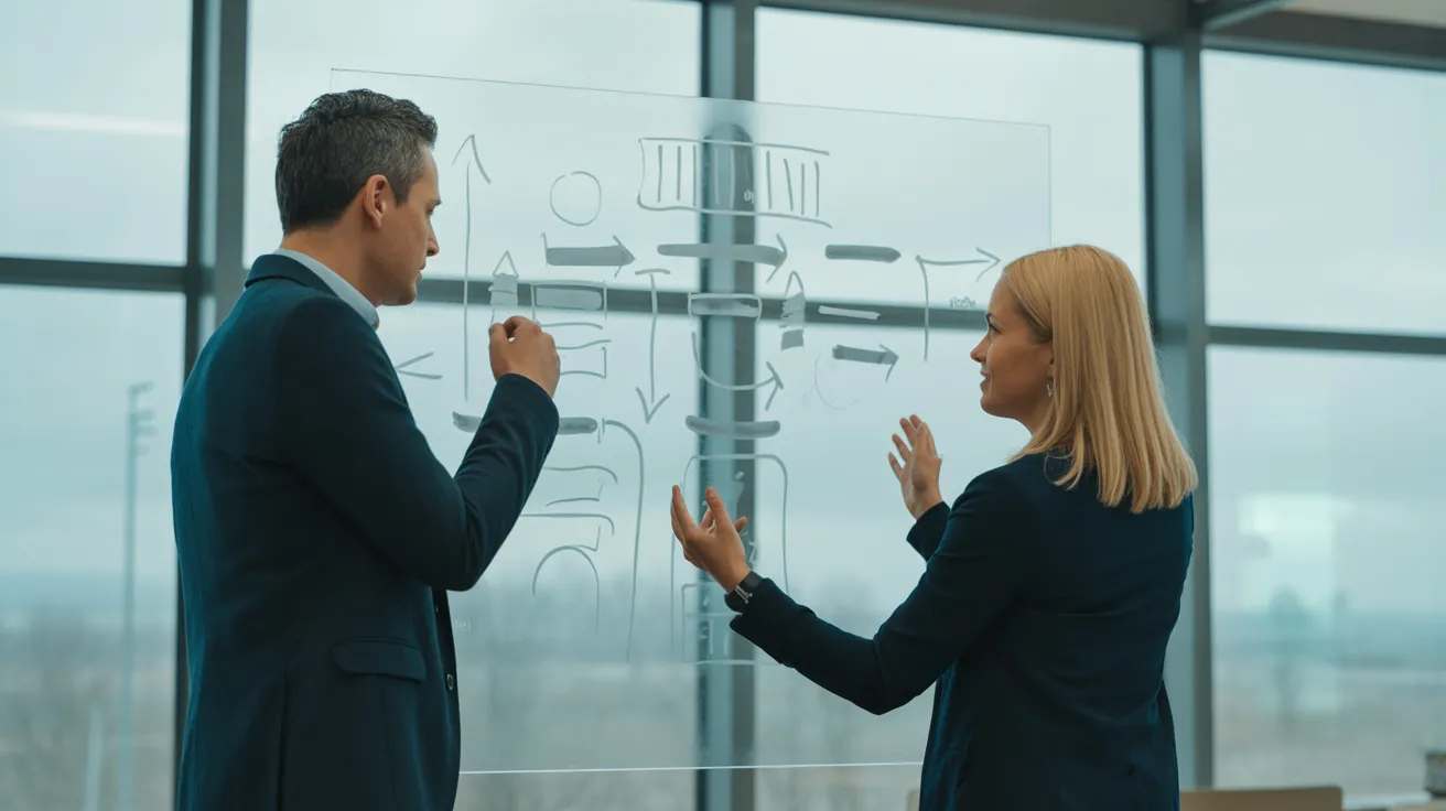 Two colleagues in business casual attire discuss a strategic diagram on a glass board in a bright, modern office.