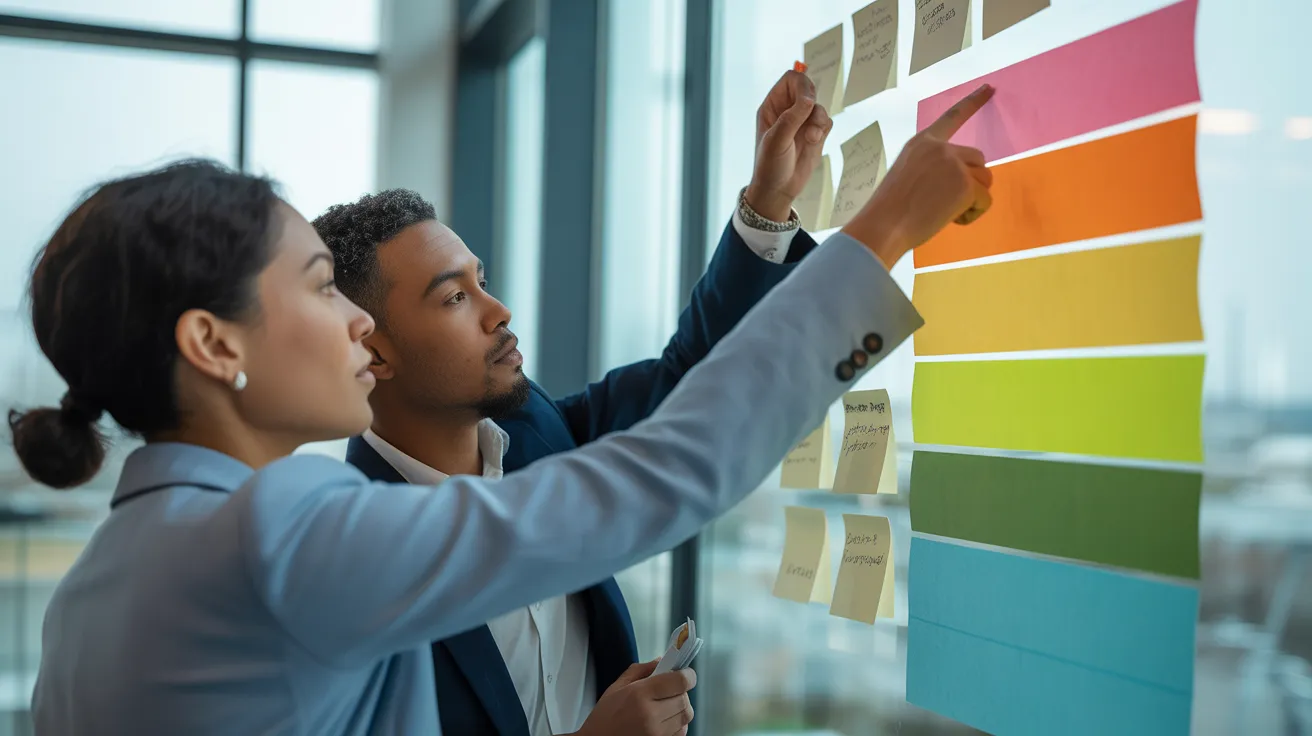 Two colleagues in a bright office collaborating at a whiteboard, discussing a large section blocked out for a long-term project.