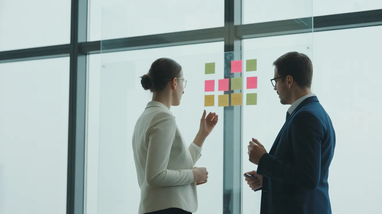 A man and woman in a modern office collaborate in front of a large whiteboard which has only one small sticky note on it.