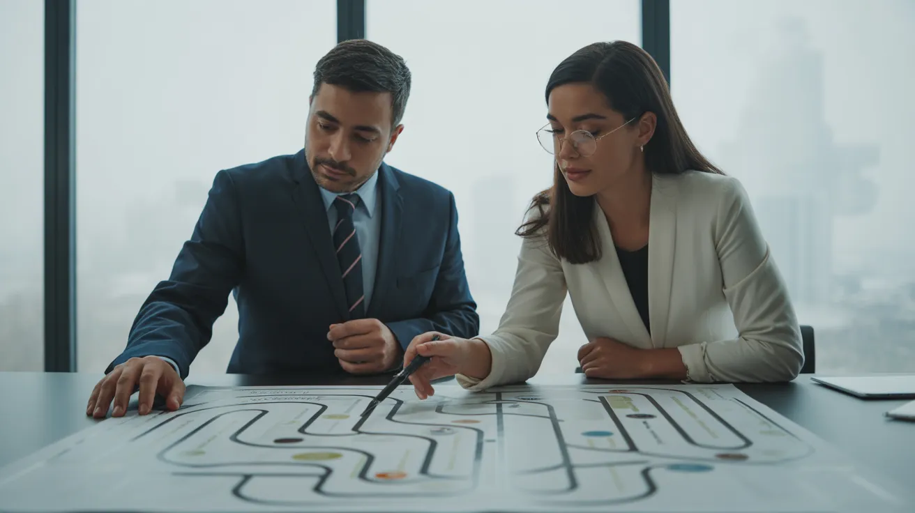 A man and a woman in a modern office look at a large diagram with arrows and boxes, planning a project.