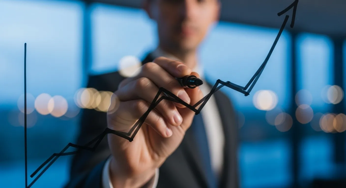 A close-up of a marker tip drawing a graph on a glass board in a dimly lit office at dusk, with a person's hand holding it.