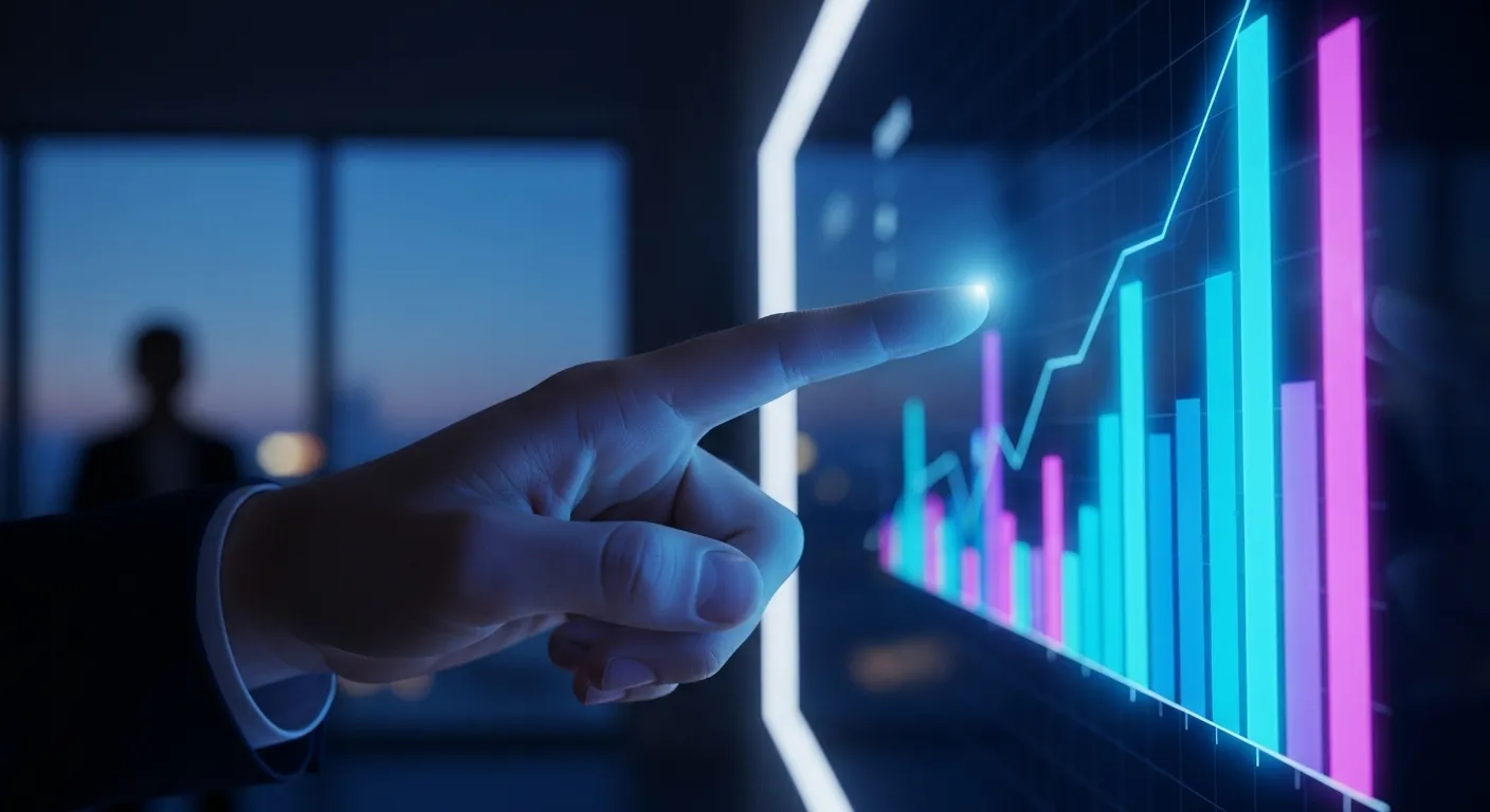 An extreme close-up of a person's hand pointing at a glowing chart on a screen in a dimly lit office at dusk.