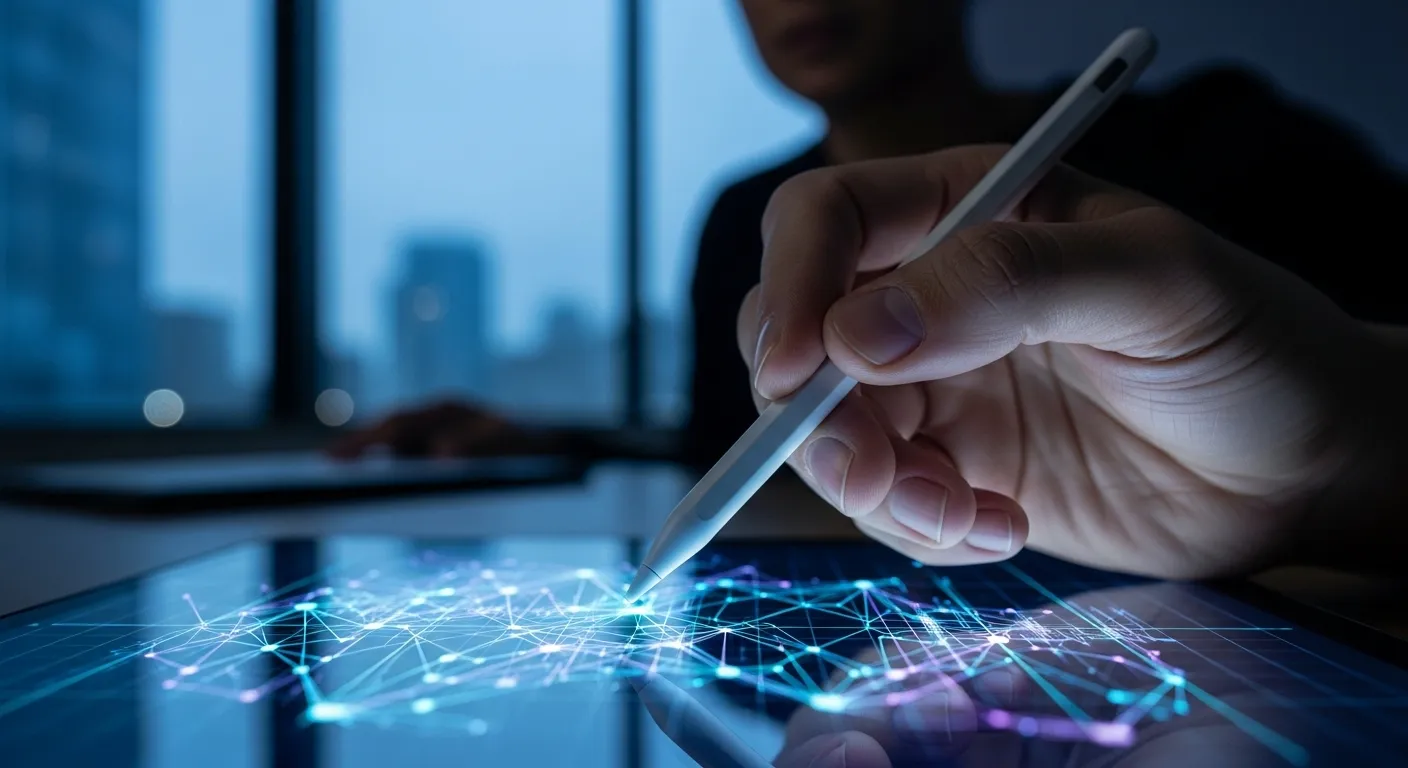 A close-up of a hand and stylus poised over a tablet with a glowing graph in a dark office at dusk.