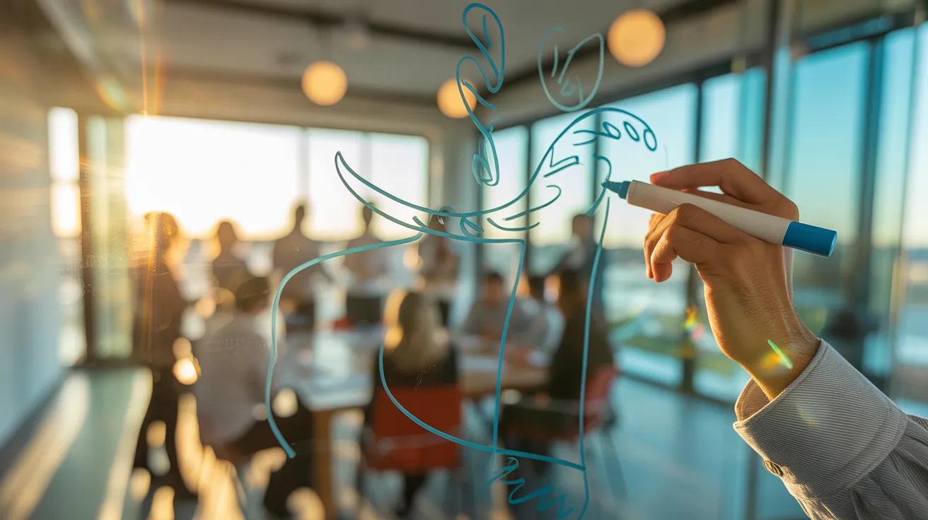 A close-up of a hand drawing an abstract blue chart on a glass board during a meeting, with warm sunset light filling the room.