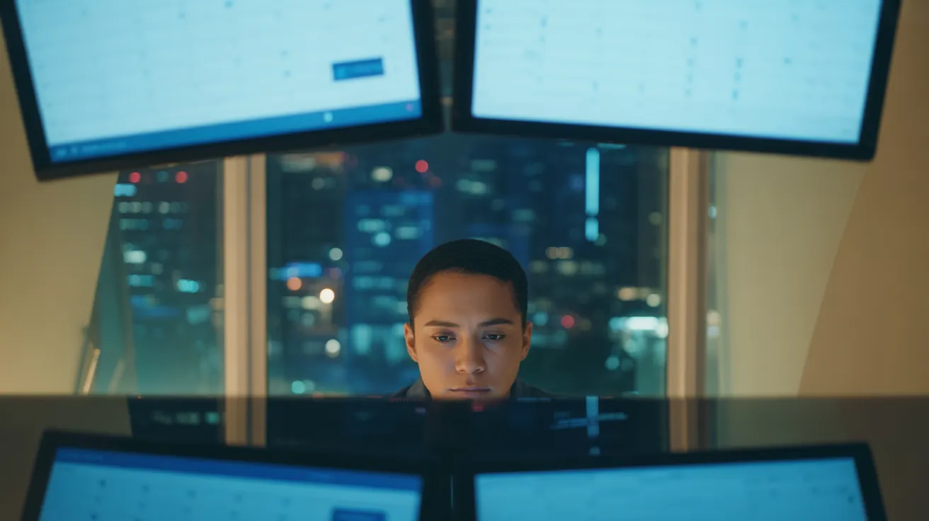 A person works at a computer in a dark office at night, with colorful city lights reflecting on their desk.