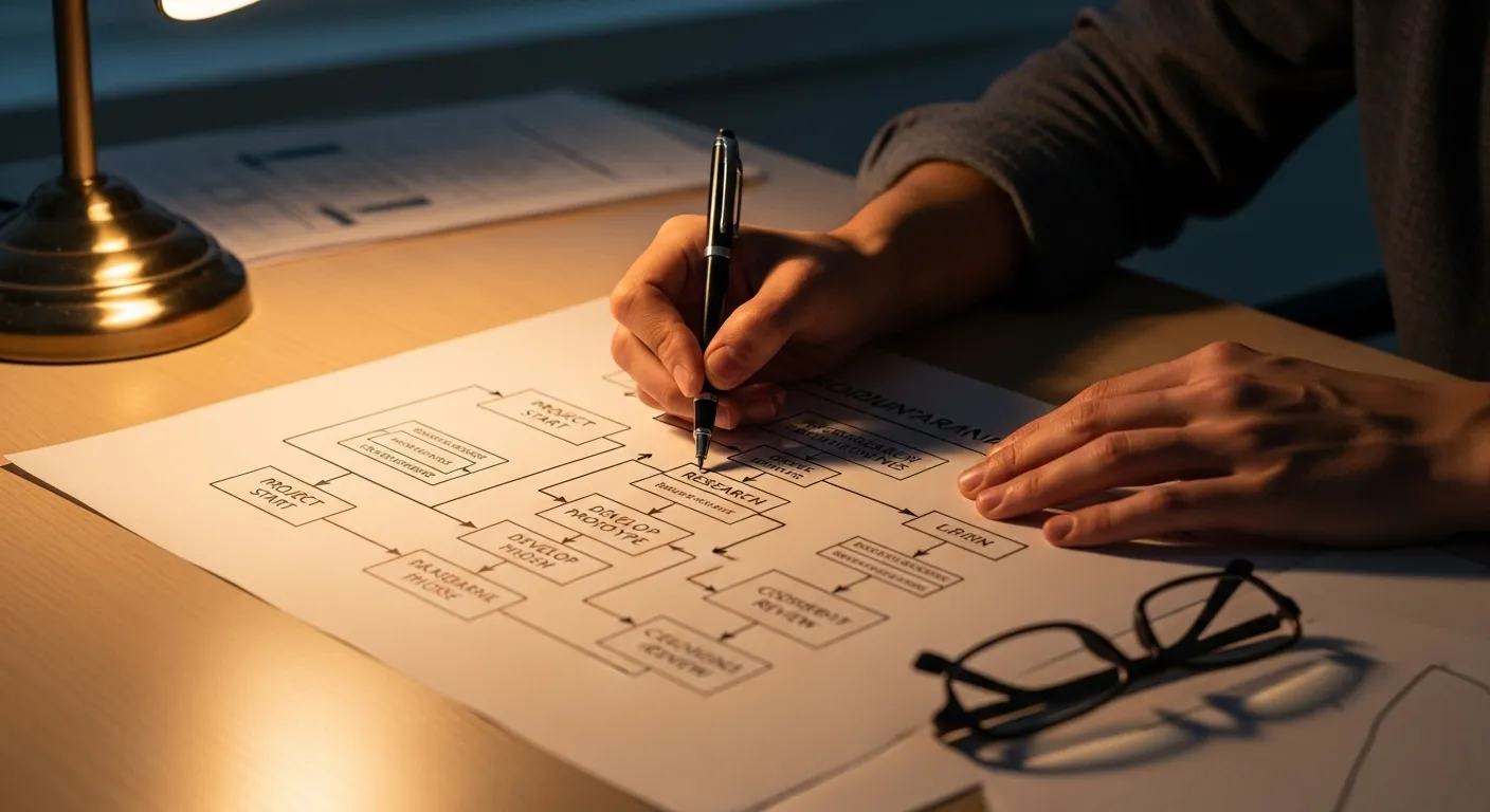 Close-up on hands drawing a strategic mind map on paper with a pen under the warm glow of a desk lamp at night.