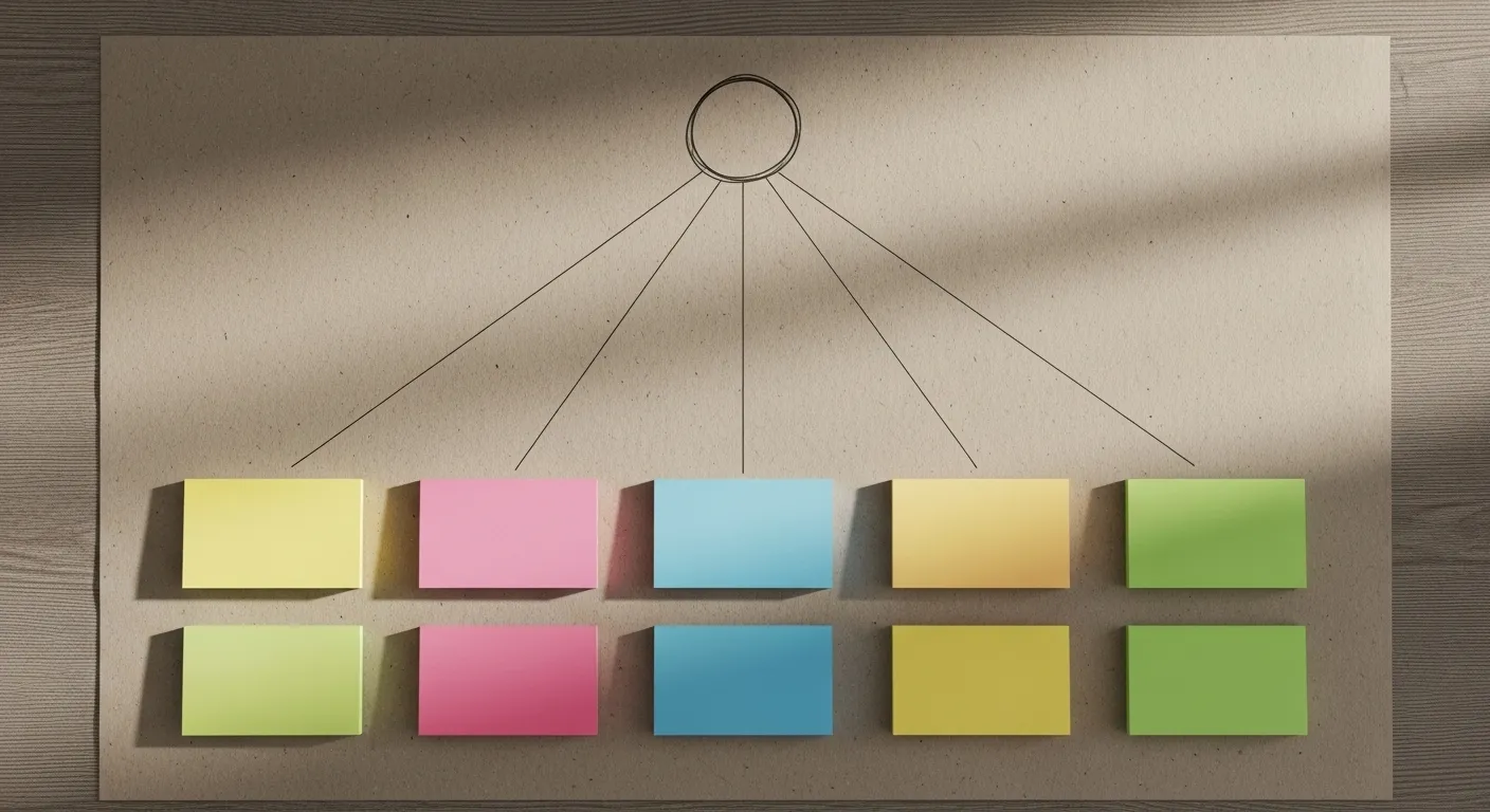 A mind map on paper showing a central idea branching into smaller, color-coded sticky notes, representing a large project broken into smaller tasks.