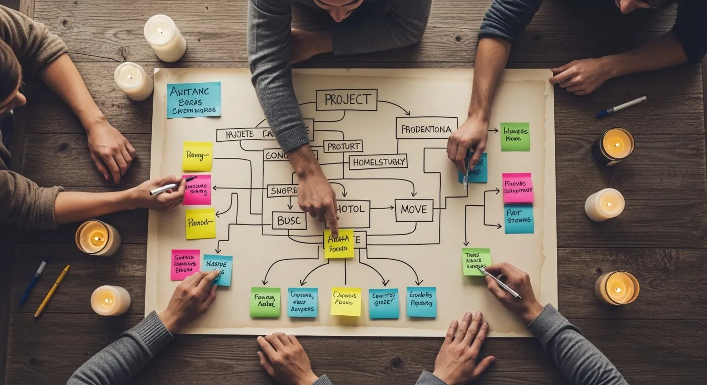 An overhead view of a project roadmap on a large table, with sticky notes representing smaller tasks branching from a central diagram, lit by candles.