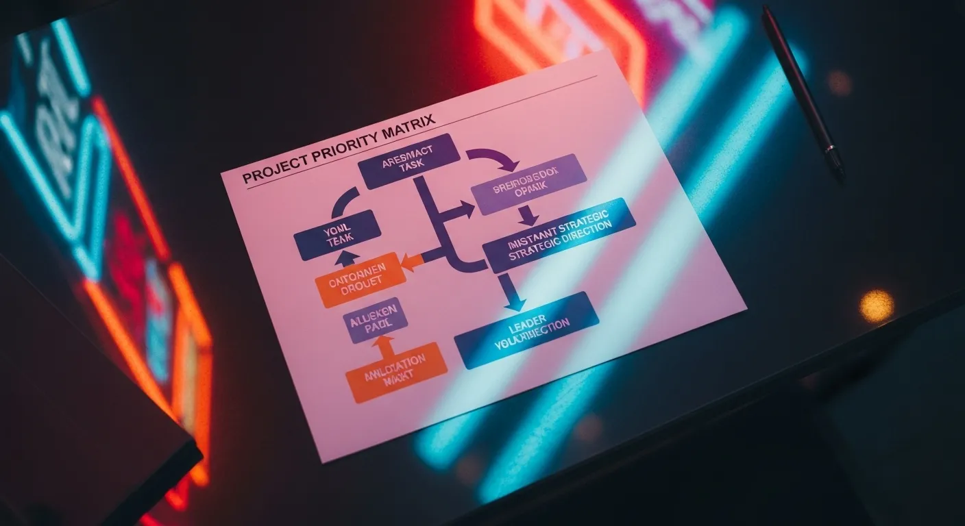 A project plan document with abstract charts, viewed from directly above, lit by vibrant pink and blue neon light in a dark, moody setting.