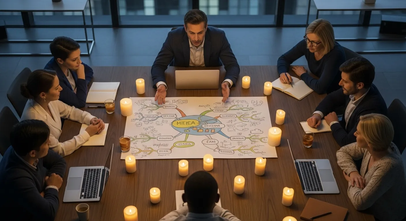 An overhead view of a team meeting around a long, candlelit table. A leader points to a large diagram, guiding the focused discussion.