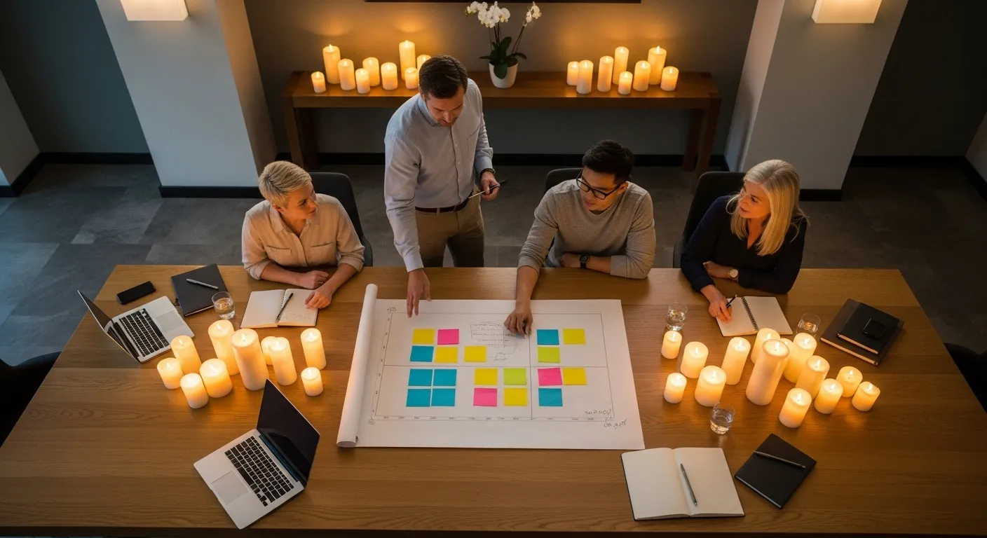 An overhead view of a team in a candlelit meeting room, led by a professional, organizing colorful sticky notes on a large paper.