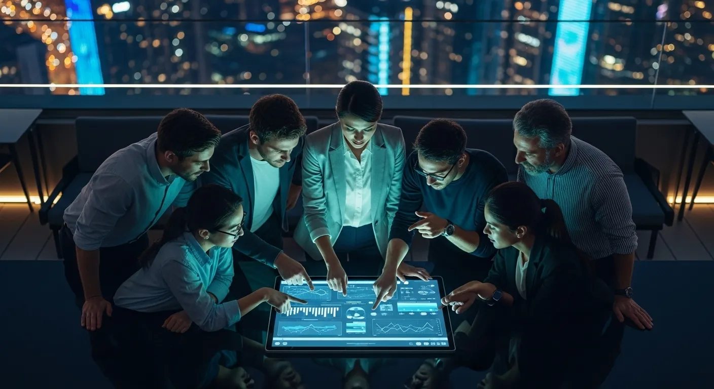 A top-down view of a diverse team brainstorming around a large glowing tablet on a dark rooftop patio, with neon city lights reflecting on the surface