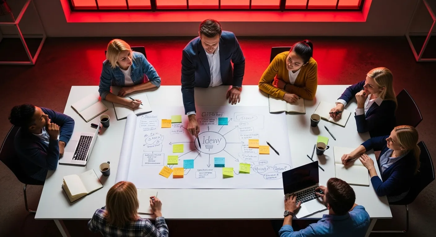 Top-down view of a team meeting at night, lit by red neon. Hands gesture toward a central diagram on a table, signifying a single core focus.