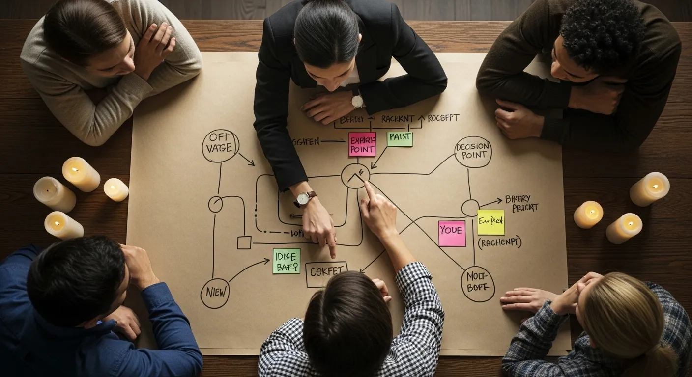 An overhead shot of a team meeting by candlelight, looking at a hand-drawn map on a table. One person is pointing to a specific spot on the map.